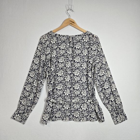 Loft Belted Top Sz S Blue White Floral Print Back Keyhole Long Sleeve Button - Picture 6 of 13